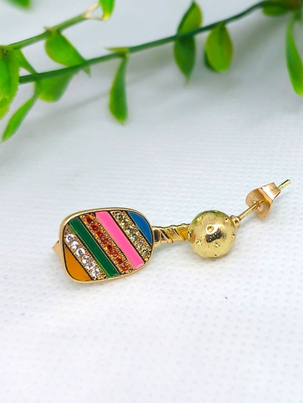 Earrings Reinstone/Multicolor Striped Pickleball And Paddle Gold NWT - Picture 2 of 5